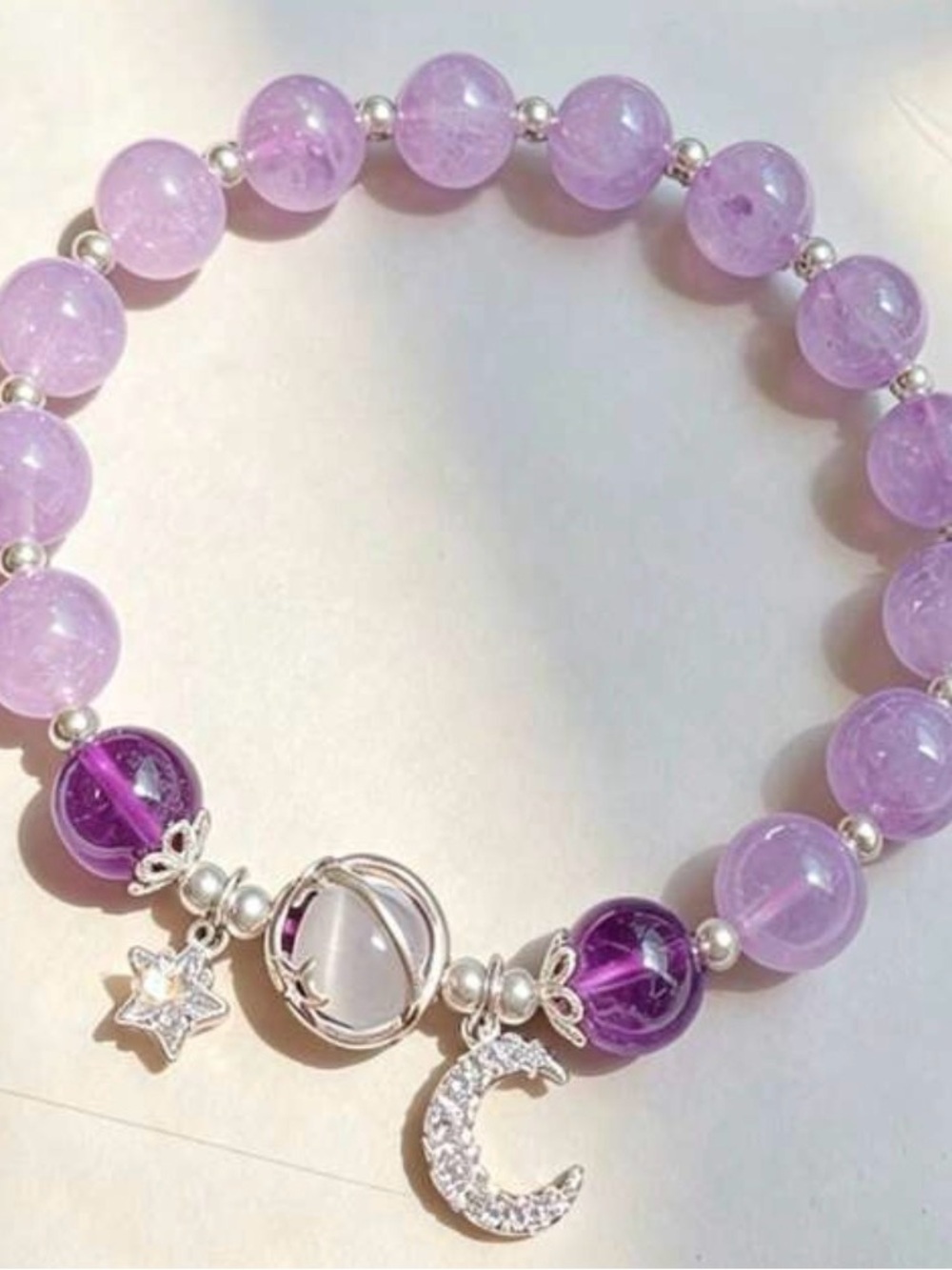Lavender Amethyst Beaded Charm Bracelet - moon and star charms